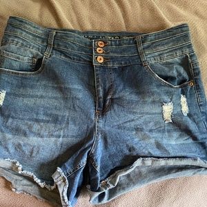 High Rise Shortie  distressed Jean shorts / size 14